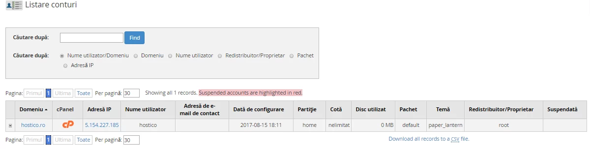 Contul cPanel administrare WHM