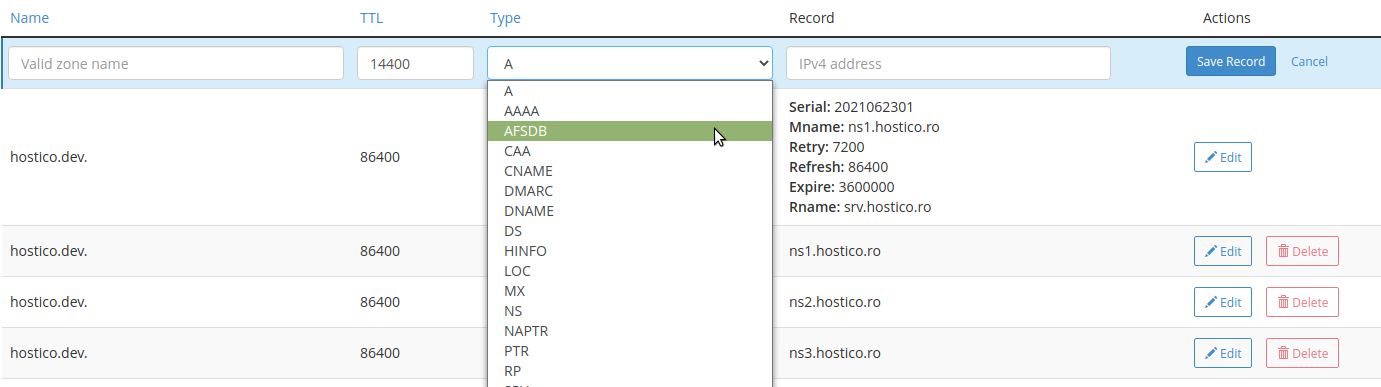 hostico  addrecord DNS